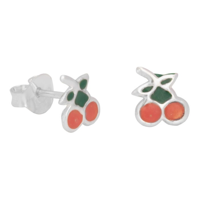 925 Sterling Silver Hypoallergenic Red & Green Cherry Stud Earrings