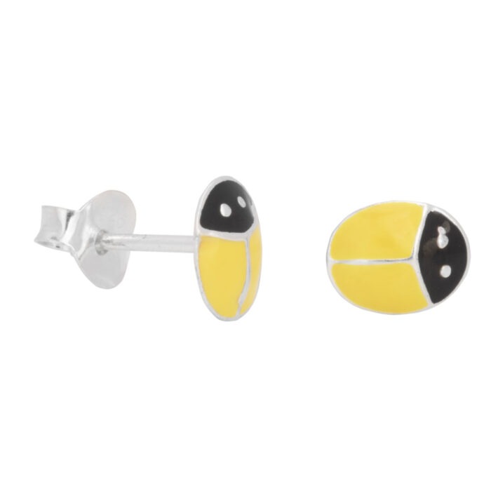 925 Sterling Silver Hypoallergenic Yellow & Black Beetle Studs Earrings