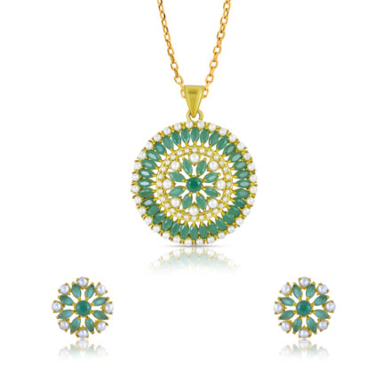 Gold-Plated Green Stone & Pearl Pendant Set for Women | Mandala Design Necklace & Stud Earrings