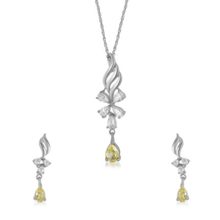 925 Sterling Silver Pendant Set with Yellow Drop Stone | Elegant Floral Design Necklace & Earrings