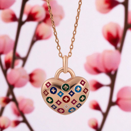 925 Silver colourful Rose Gold Heart Pendant with Link Chain